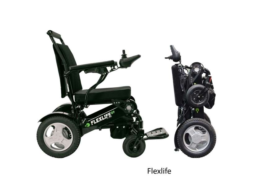 Flexlife elkørestol - til venstre i udslået tilstand, til højre i sammenfoldet tilstand