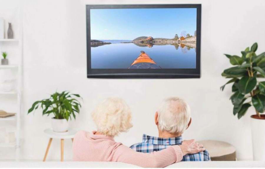 Ældre par sidder i sofa og kigger på Televindu på skærmen