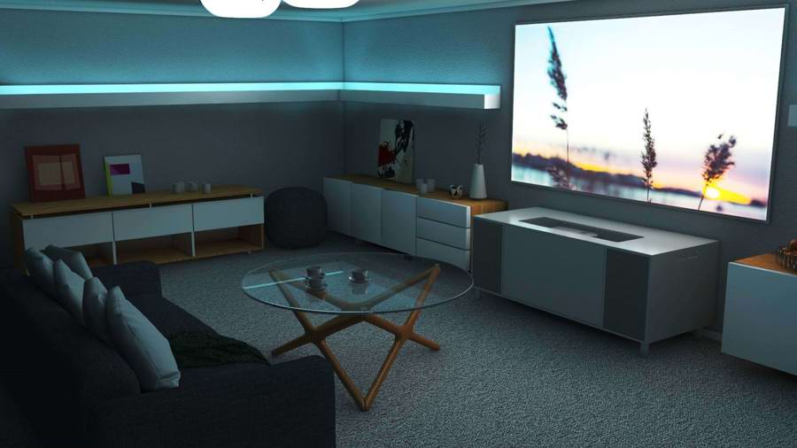 Stue indrette med CalmViso med stor skærm og dæmpet belysning